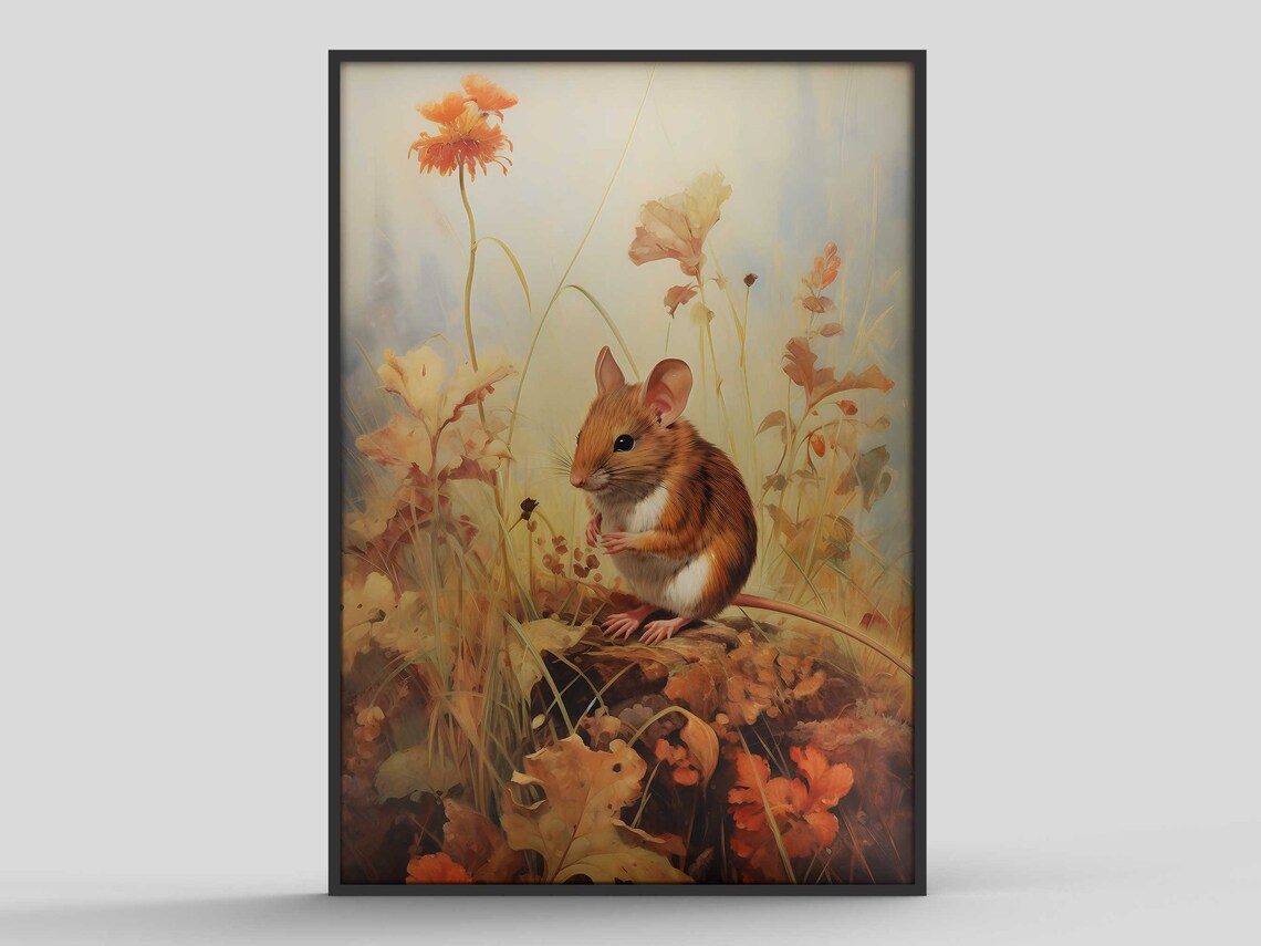 Field Mouse Autumn Leaves Painterly Woodland Wildlife Art Poster