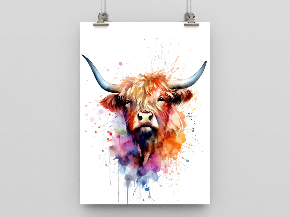 Highland Cow Wall Art Animal Wildlife Print Vibrant Splatter Poster Modern