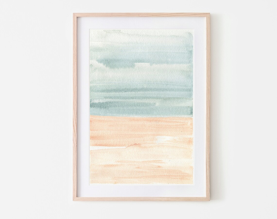 Pastel Blue Peach Watercolor Poster Soft Gradient Bands Calm Beach Art