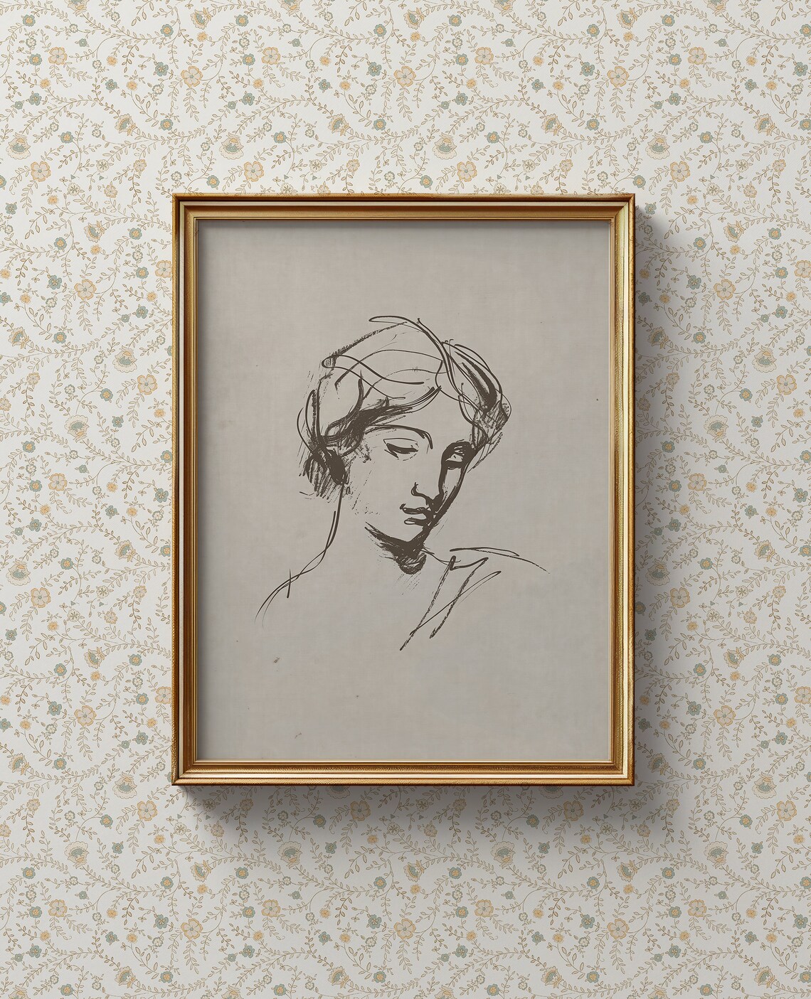 Classic Line Sketch Portrait Of A Woman On Beige Vintage Art Print - Image 2