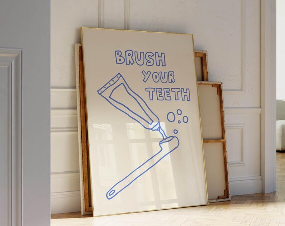 Trendy Bathroom Poster Brush Your Teeth Print Cute Bathroom Decor Retro Print Funny Bathroom Print Trendy Home Decor Wall Art Blue