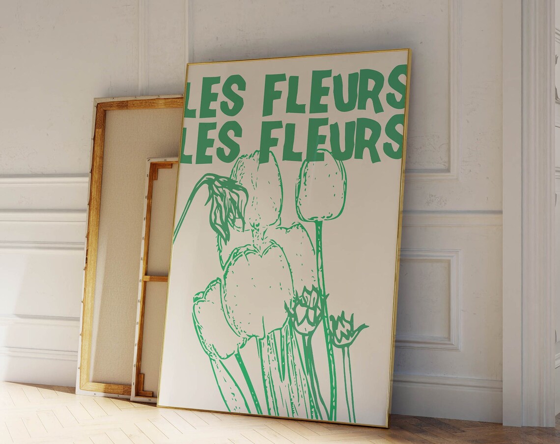 Les Fleurs Green Tulip Botanical Ink Drawing French Floral Art Poster