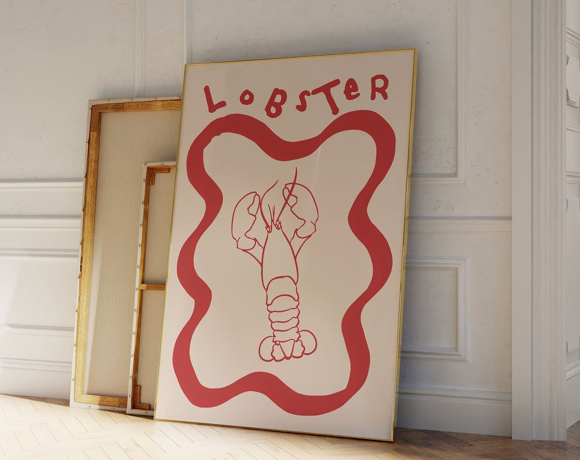 Lobster Red Line Art Wavy Border Seafood Kitchen Wall Decor Poster