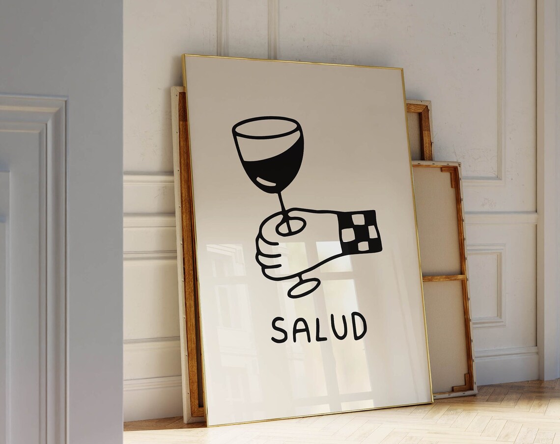 Salud Wine Glass Toast Bold Black Hand Graphic Bar Party Poster