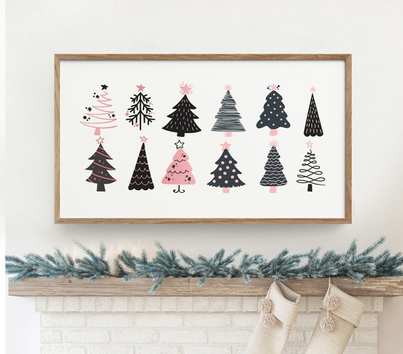 Pink Christmas Tree Frame Tv Art Minimalist Holiday Decor