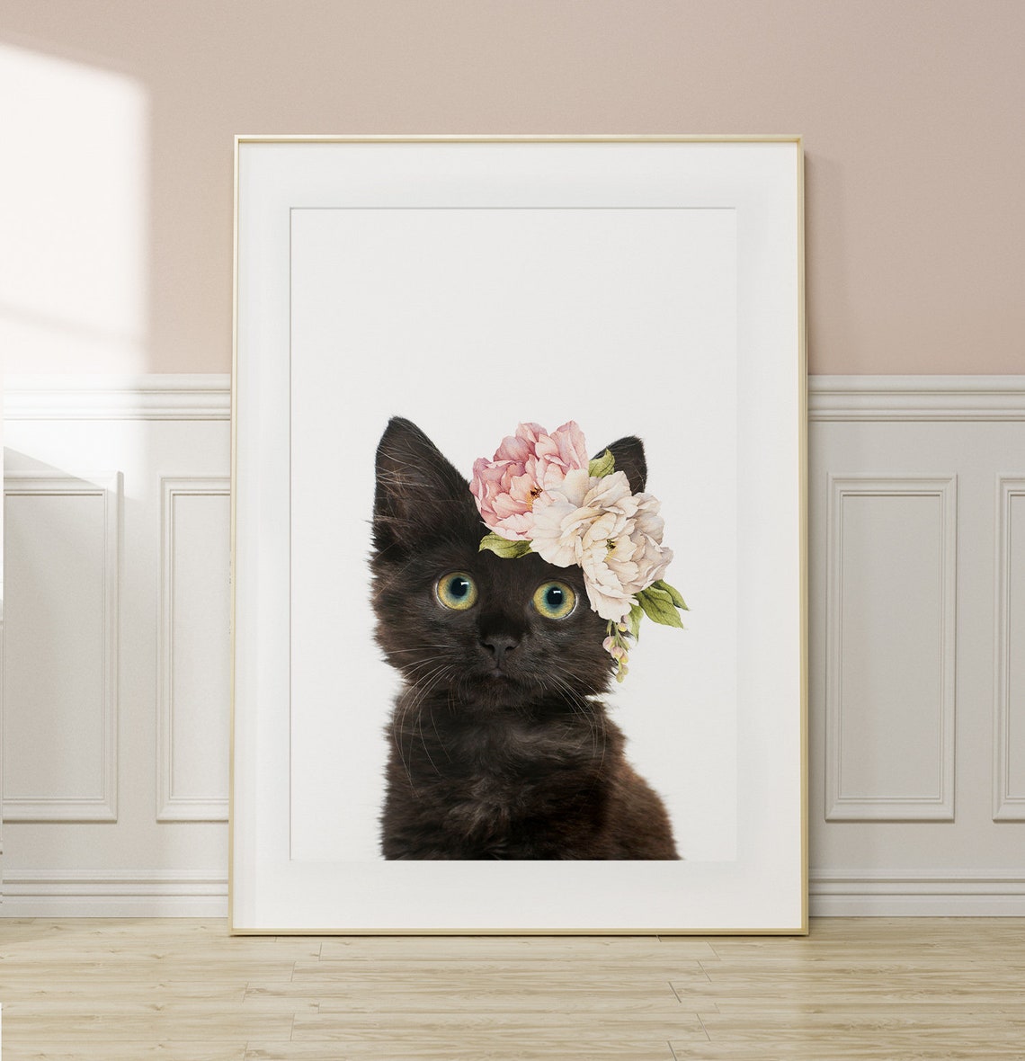 Black Kitten Flower Crown Art Print