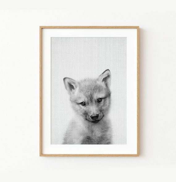 Baby Wolf Pup Print Black And White Nursery Decor