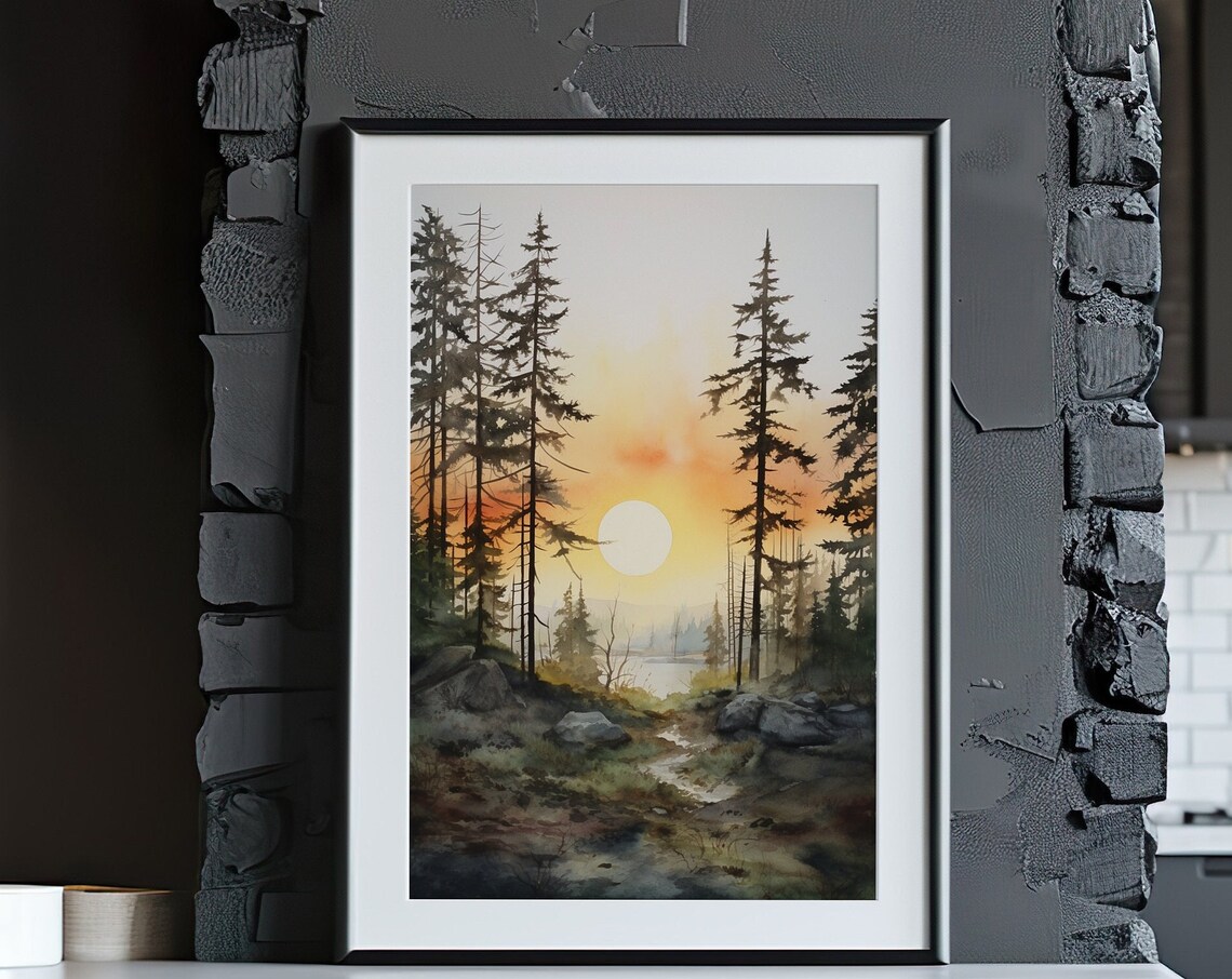 Forest Sunset Watercolor Painting Poster with Golden Sun and Tall Pines