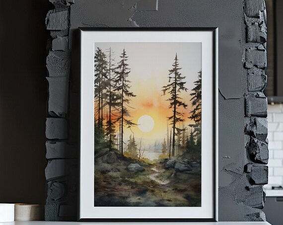 Forest Sunset Watercolor Painting Poster with Golden Sun and Tall Pines