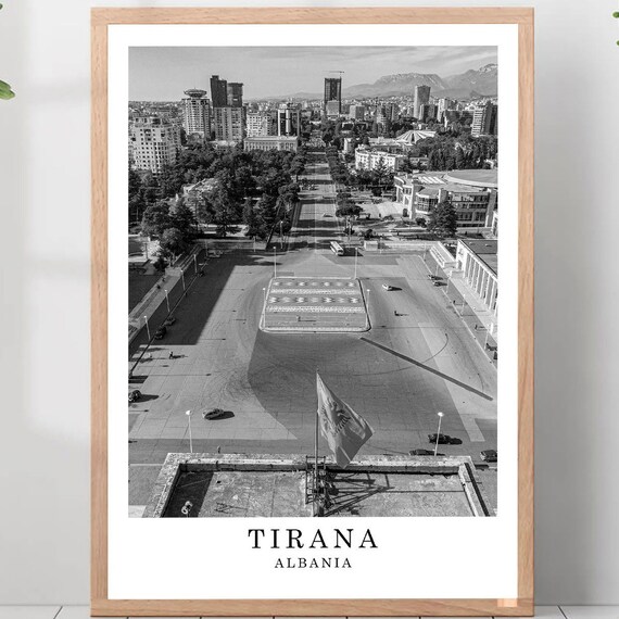 Tirana Skanderbeg Square Aerial View Albania Flag Travel Poster