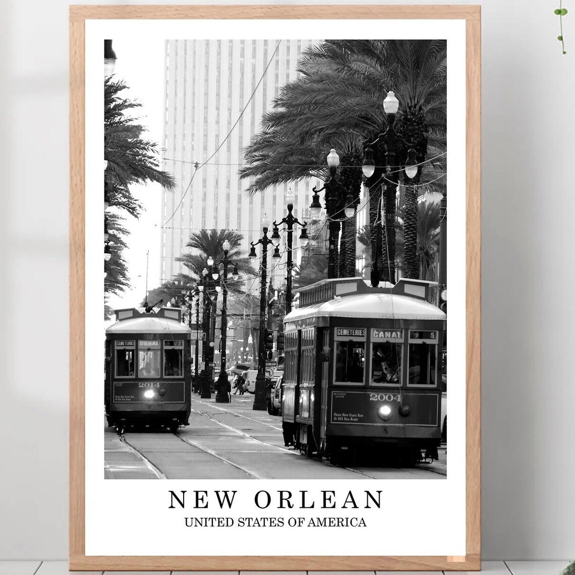 New Orleans Canal Street Vintage Streetcar Palms Black White Poster