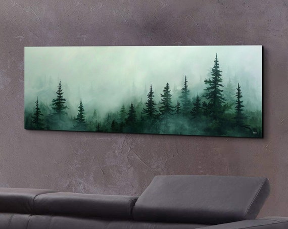 Morning Fog Over A Mountain Forest Panoramic Print Foggy Pine Tree Landscape Framed Wall Art Misty Mountain Landscape Art