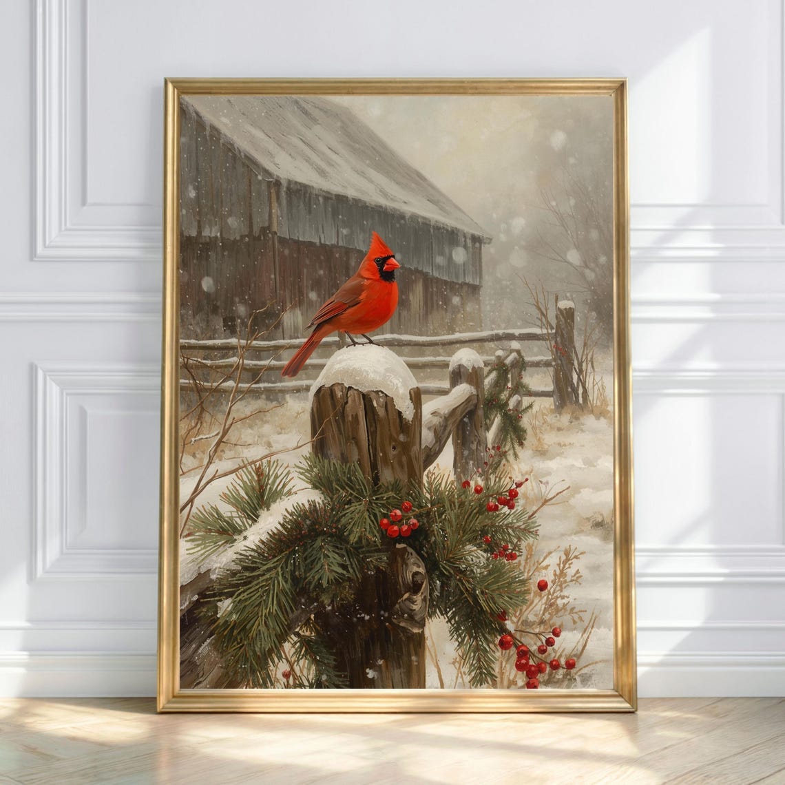 Snowy Cardinal on Fence Post Winter Berries Vintage Art Poster