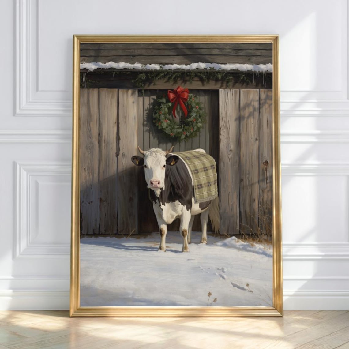 Cozy Winter Cow in Blanket Snowy Barn Farmhouse Christmas Poster