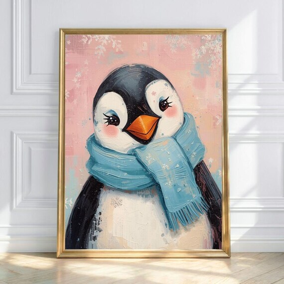 Cute Baby Penguin in Blue Scarf Pink Snow Winter Nursery Print