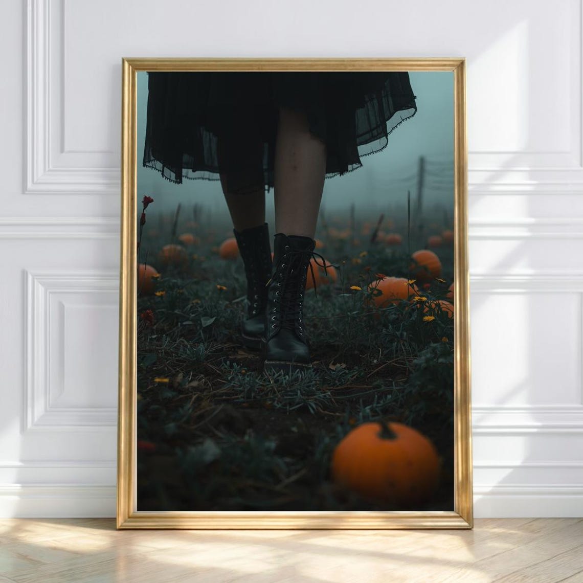 Witch Boots In Foggy Pumpkin Patch Spooky Halloween Night Poster