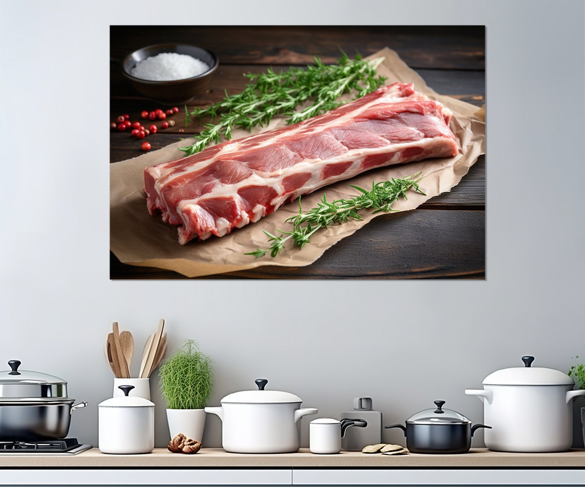 Raw Pork Ribs Rosemary Salt Rustic Butchery Kitchen Wall Art Print