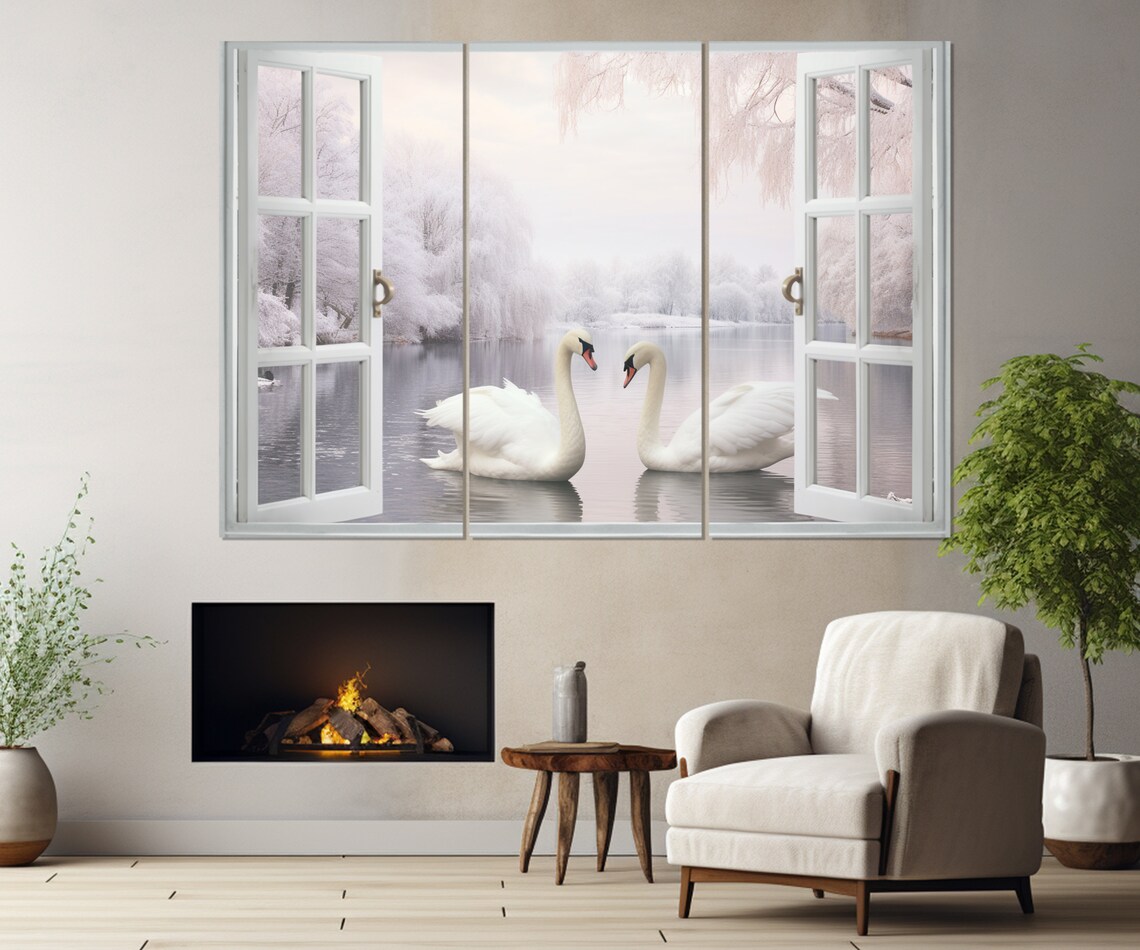 Open Window With Swans, Winter Lake View Art Print - Image 3