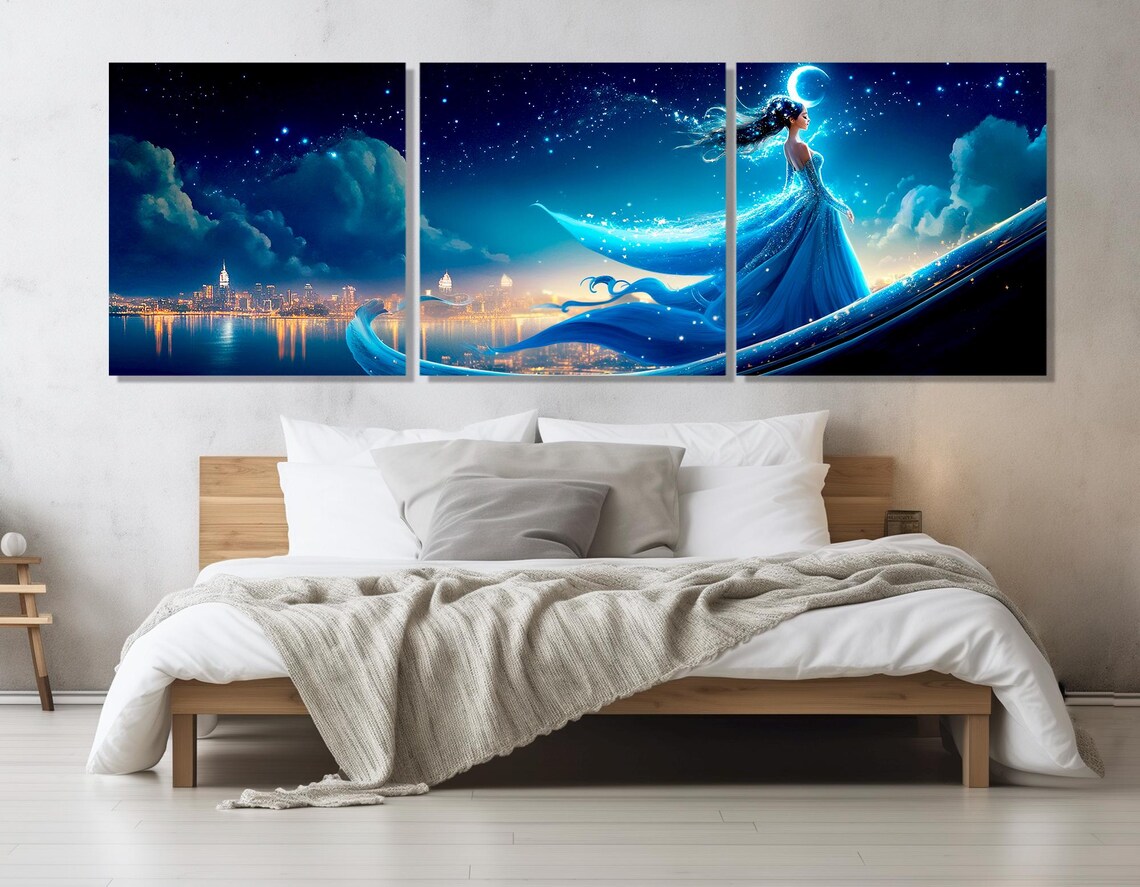Blue Fairy Night City Starry Sky Crescent Moon Magical Fantasy Art Poster - Image 4