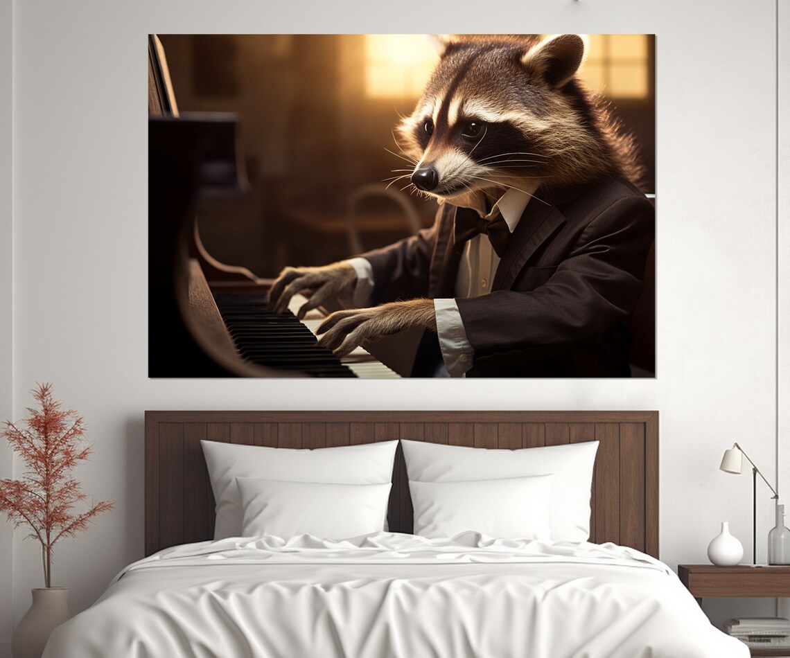 Raccoon In Tuxedo Playing Grand Piano Warm Backlight Funny Animal Pianist Poster - Image 3