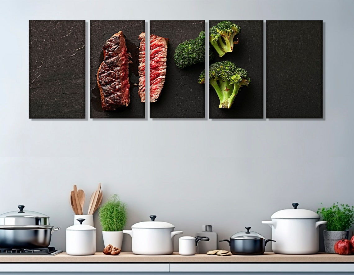 Medium Rare Steak Sliced Broccoli Black Slate Food Photography Poster - Image 2