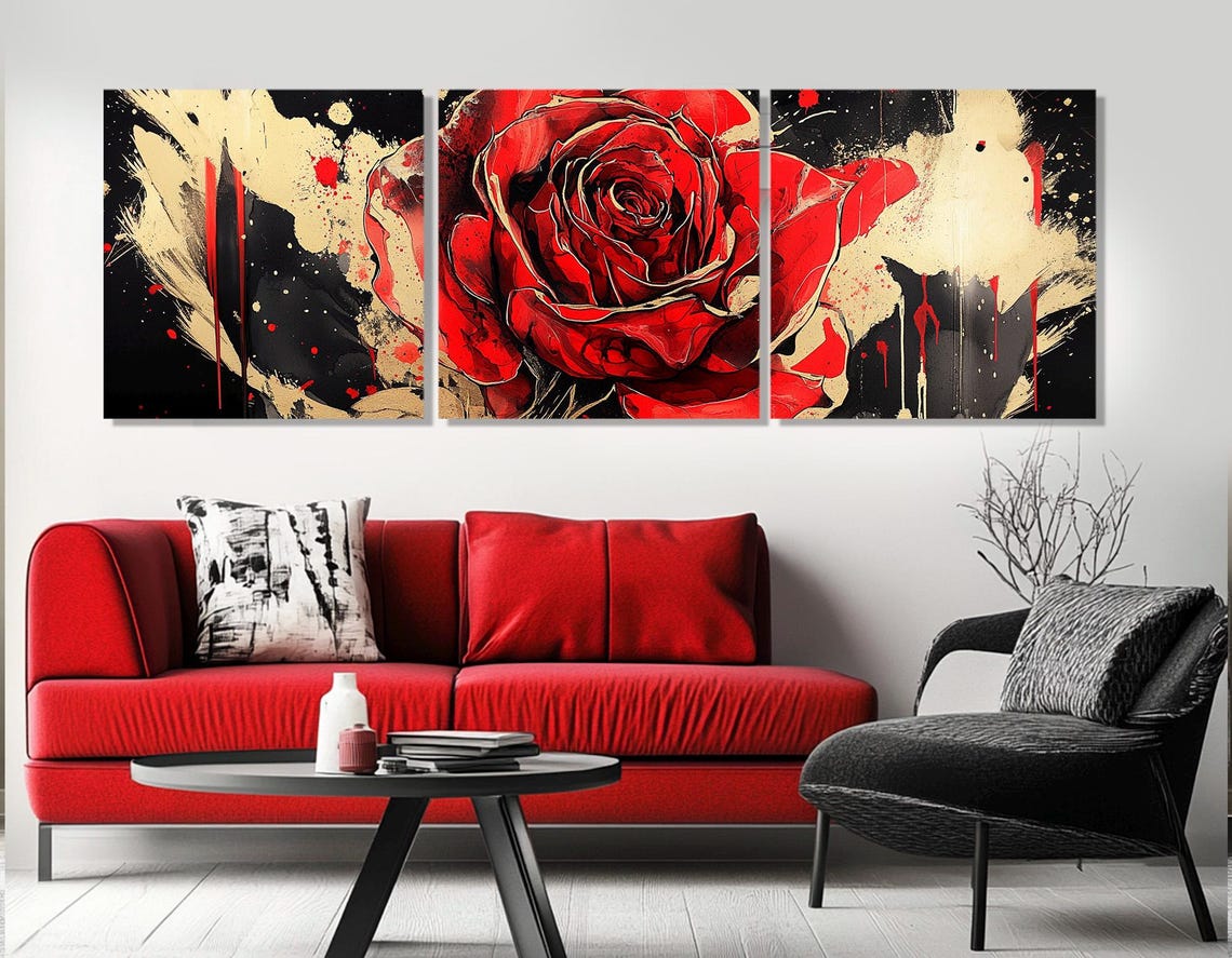 Dramatic Red Rose Black Gold Paint Splash Bold Floral Art Poster - Image 4