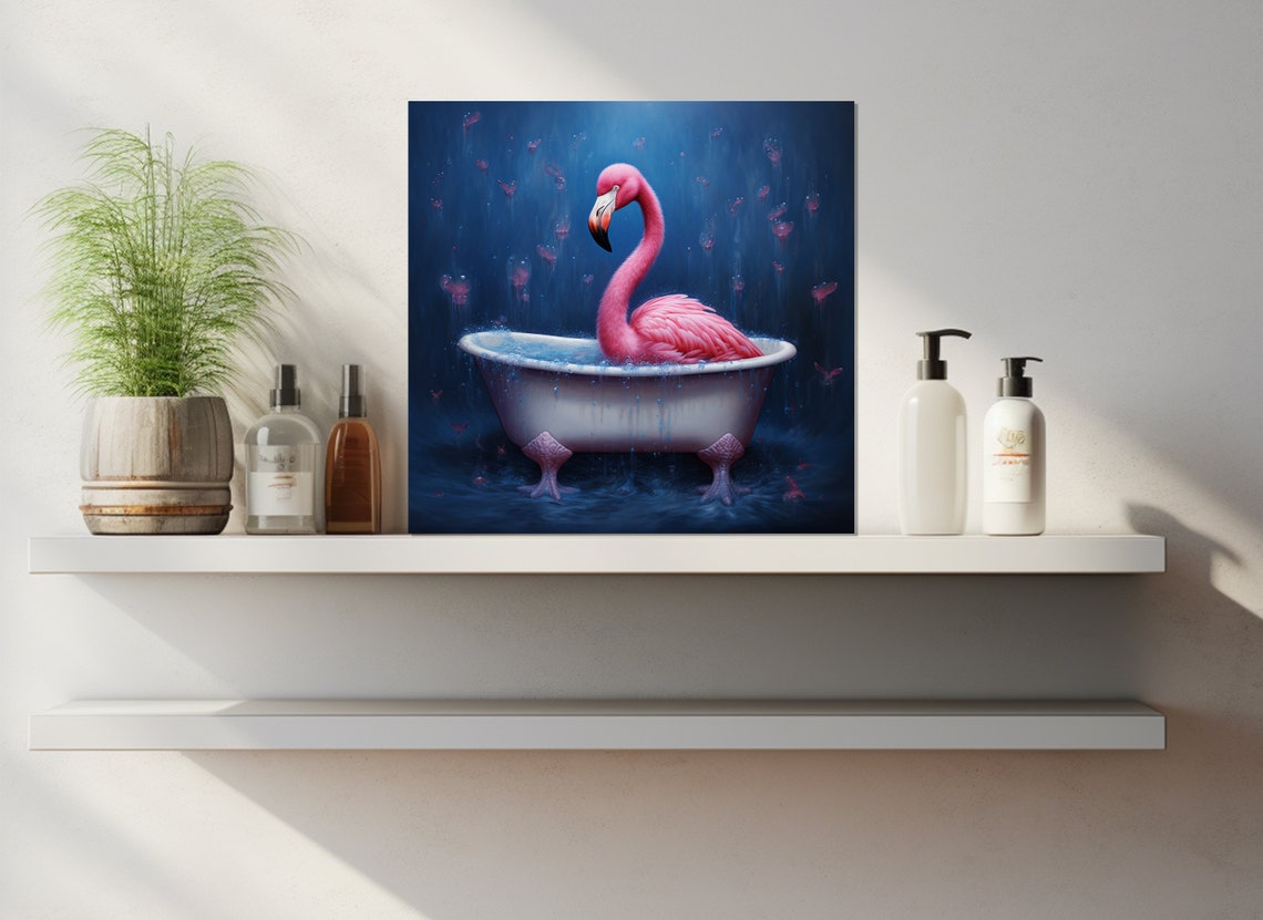 Pink Flamingo In A Vintage Bathtub Under Falling Petals Poster - Image 2