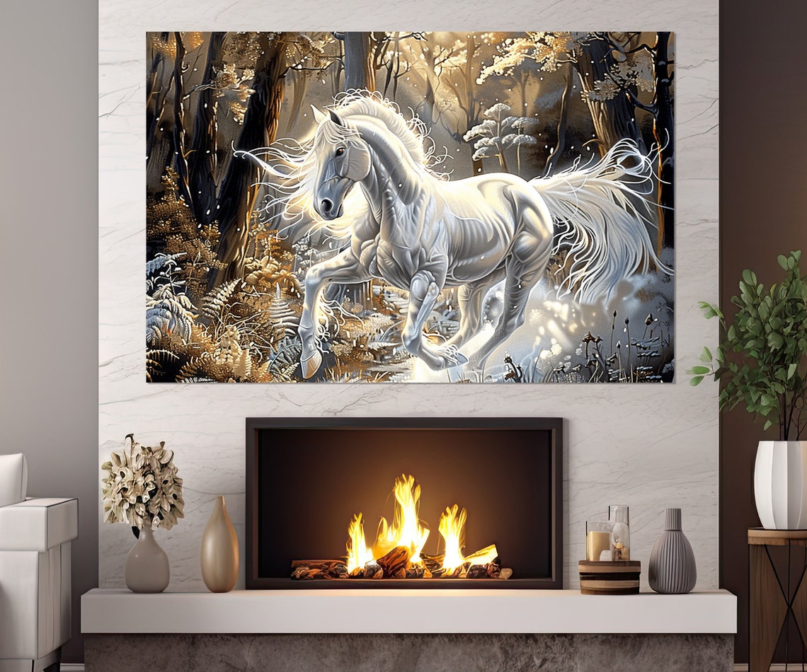 White Horse Galloping Golden Snowy Forest Fantasy Majestic Wall Art