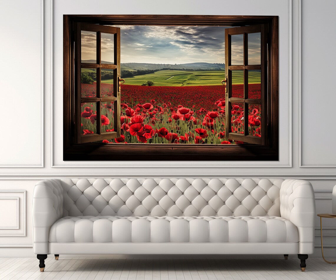 Open Window Poppy Field View Art Print, Floral - Image 4