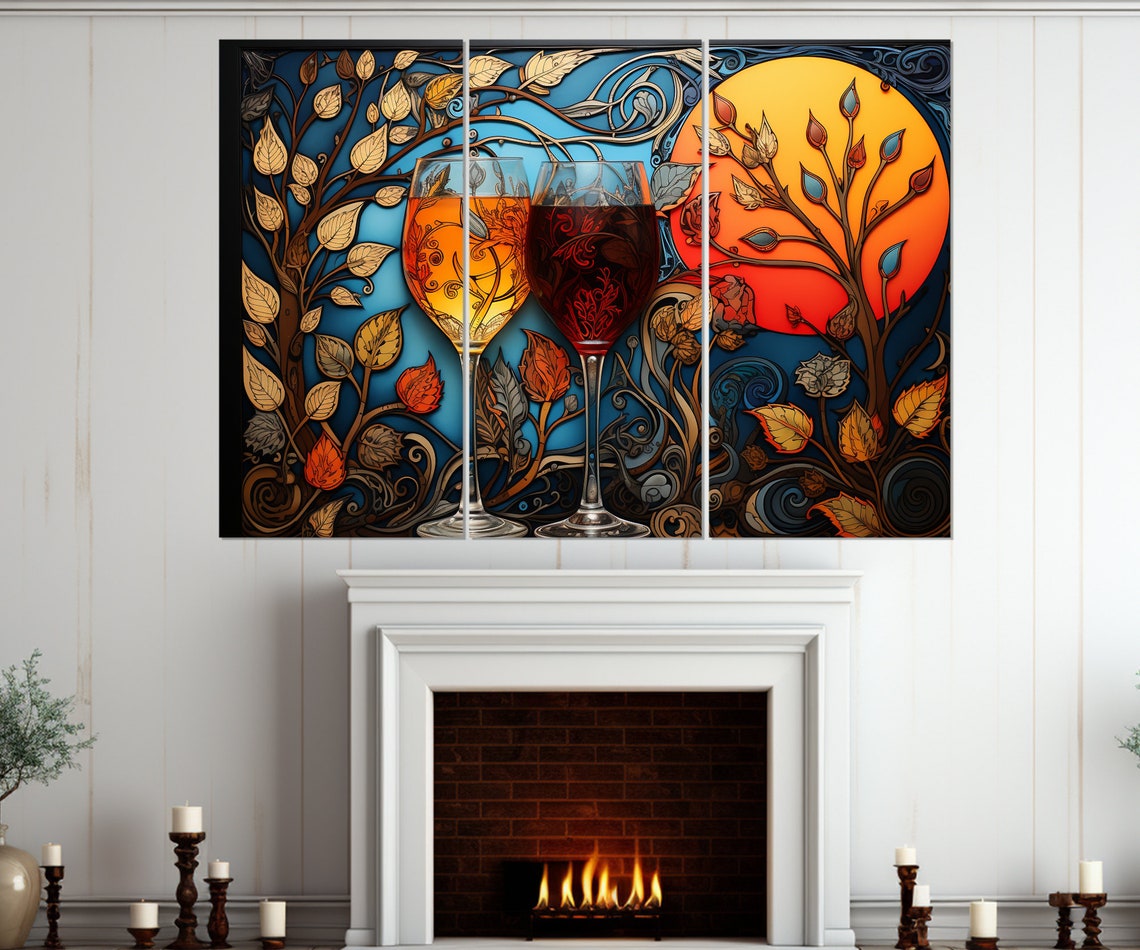 Two Wine Glasses Blue Background Golden Leaves Ornate Wall Poster - Image 4