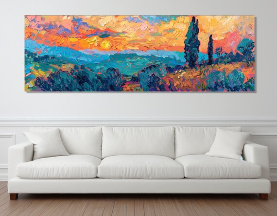 Van Gogh Style Sunset Hills Impasto Swirling Sky Colorful Art Poster