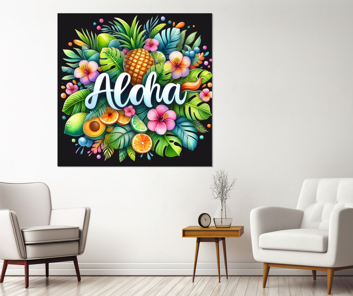 Aloha Pineapple Hibiscus Citrus Bright Neon Tropical Fruit Wall Art - Image 2