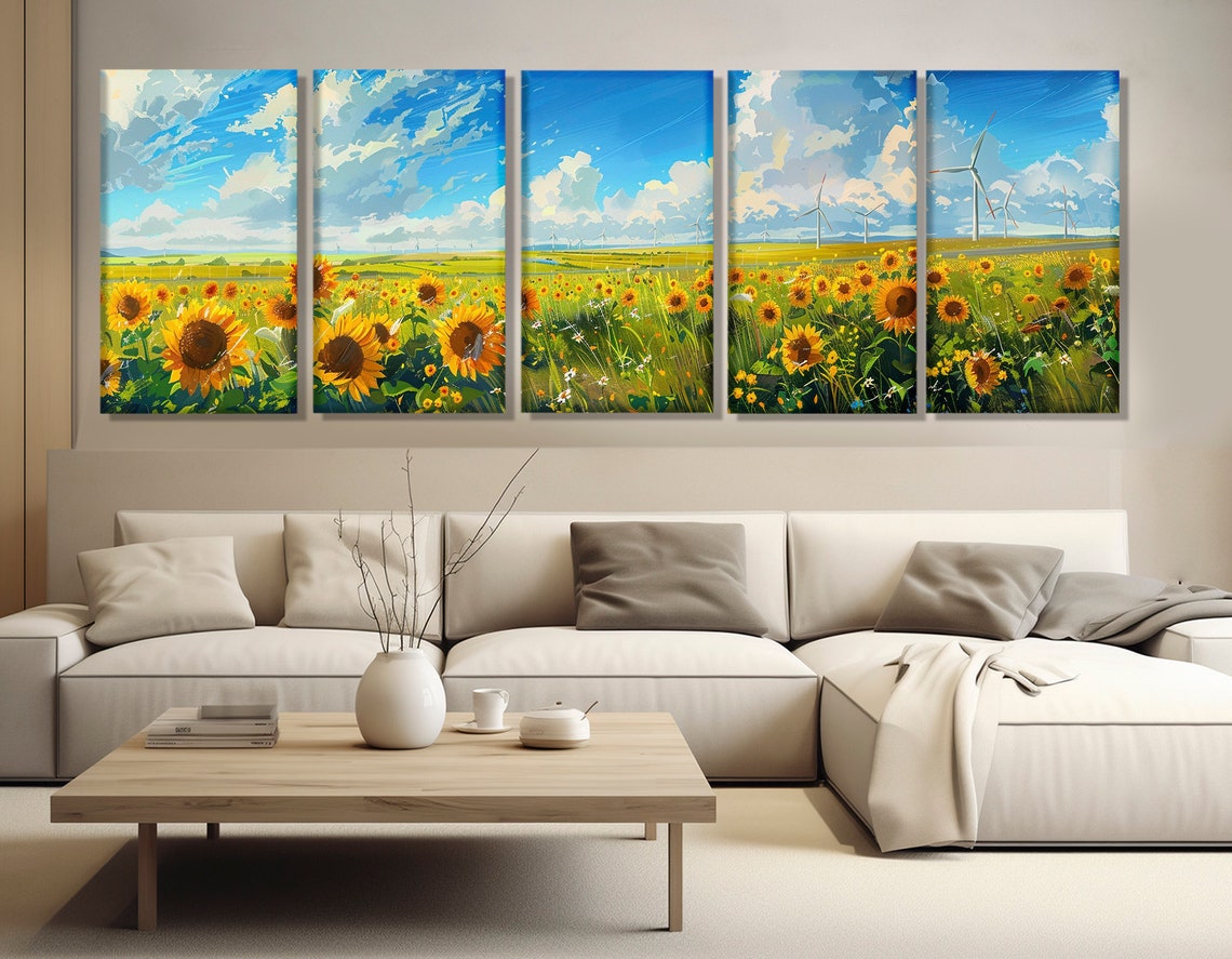 Sunflower Field Wind Turbines Blue Sky Countryside Summer Poster - Image 3
