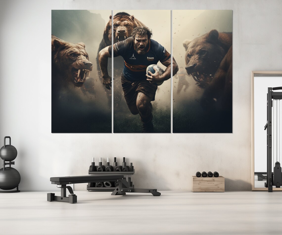 Fearless Rugby Player Running From Grizzly Bears Dramatic Sports Poster - Image 2