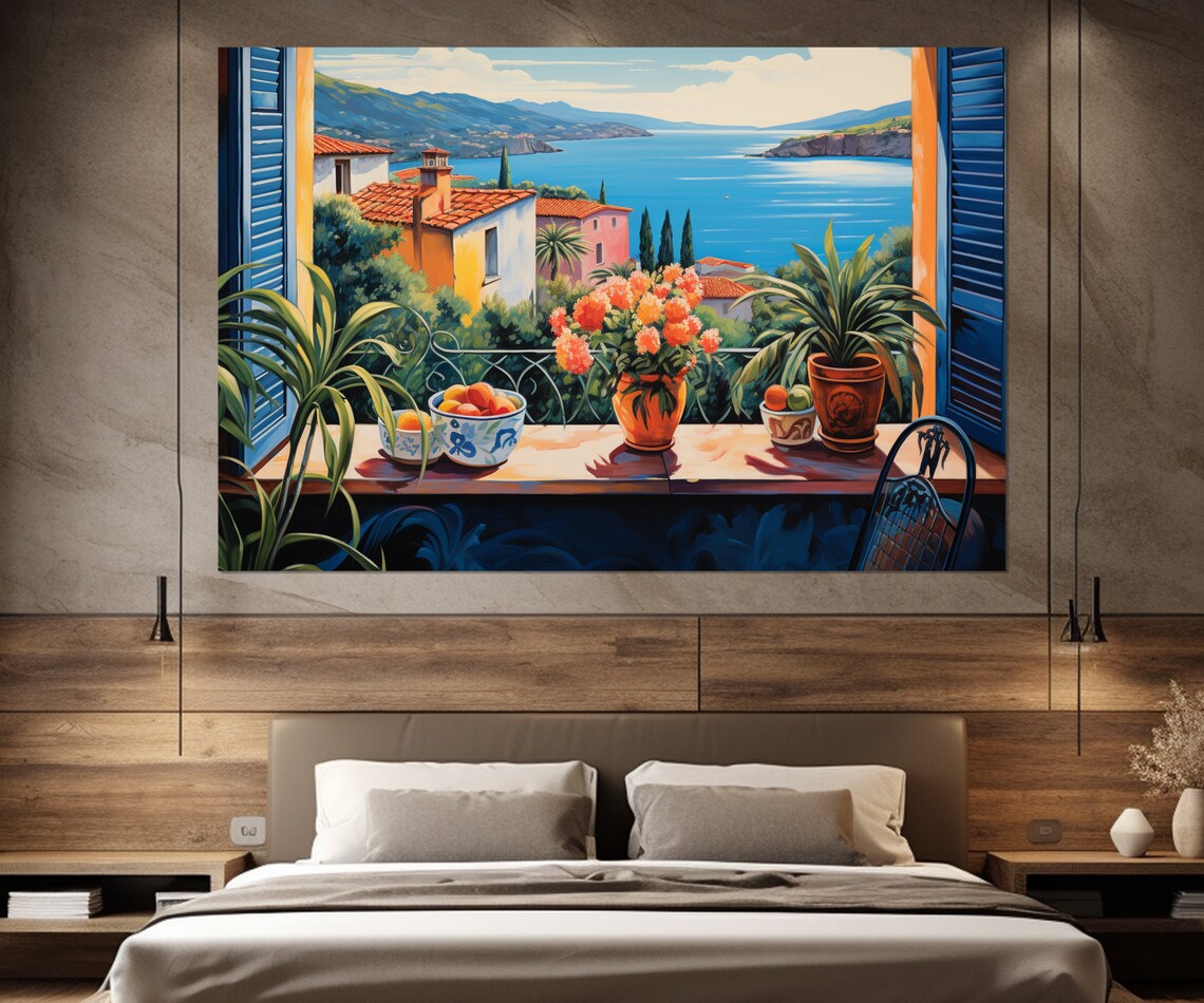 French Riviera Window View Blue Shutters Mediterranean Coast Scene Poster