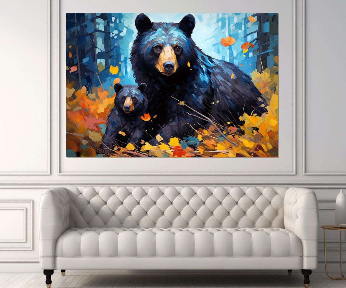 Black Bear Mother And Cub In An Autumn Forest Painterly Poster - Image 2