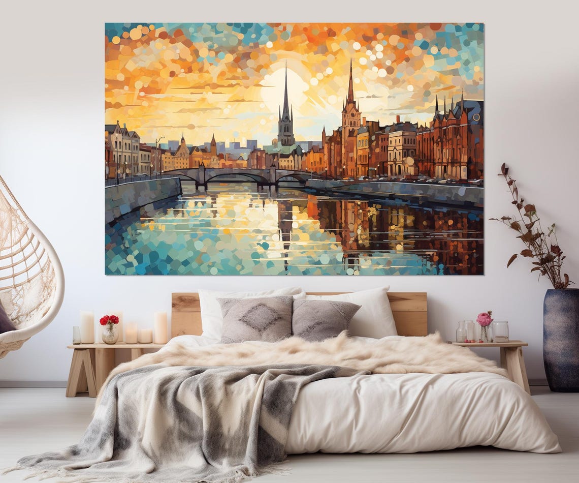 Dublin Ireland River City Skyline Bridge Golden Sky Painting Poster