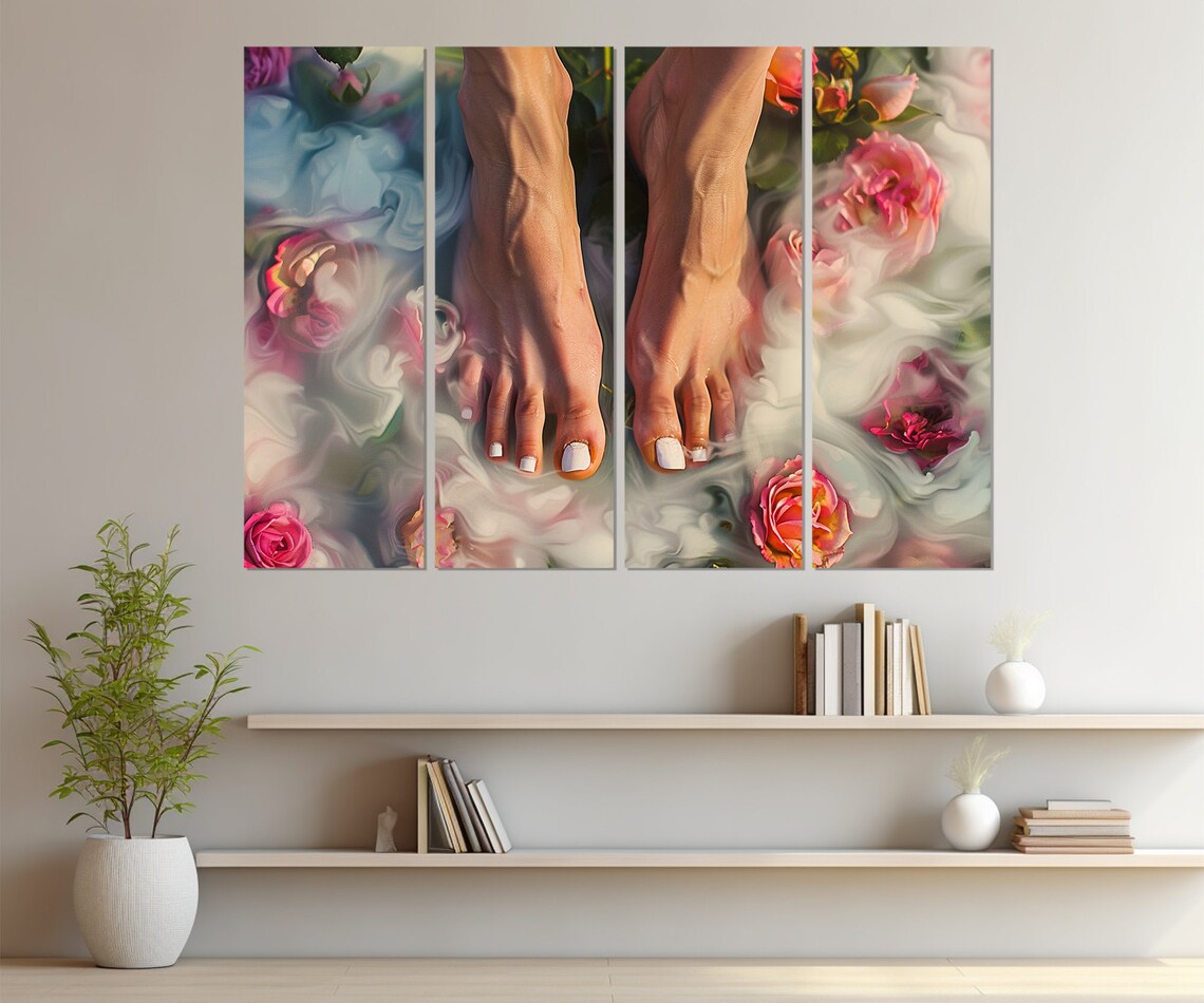 Woman Feet With Pedicure in Rose Petal Bath Relaxing Spa Salon Wall Art - Image 2
