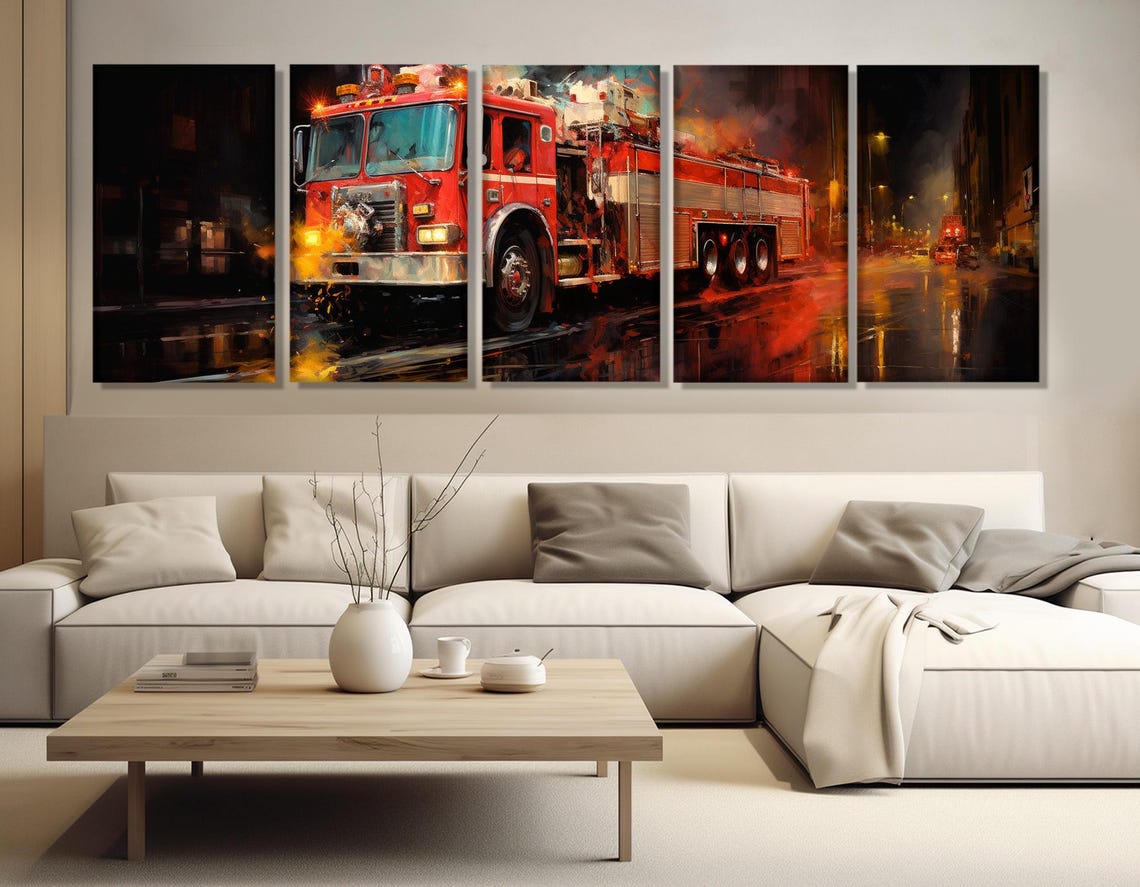 Red Fire Truck Night Lights Emergency Vehicle Panoramic Wall Art - Image 3