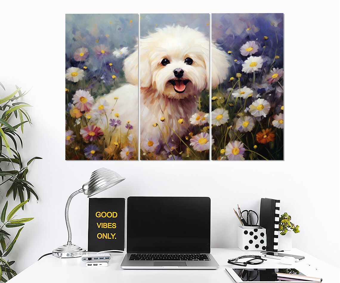 White Fluffy Puppy In Daisy Field Impressionist Dog Painting Poster - Image 3
