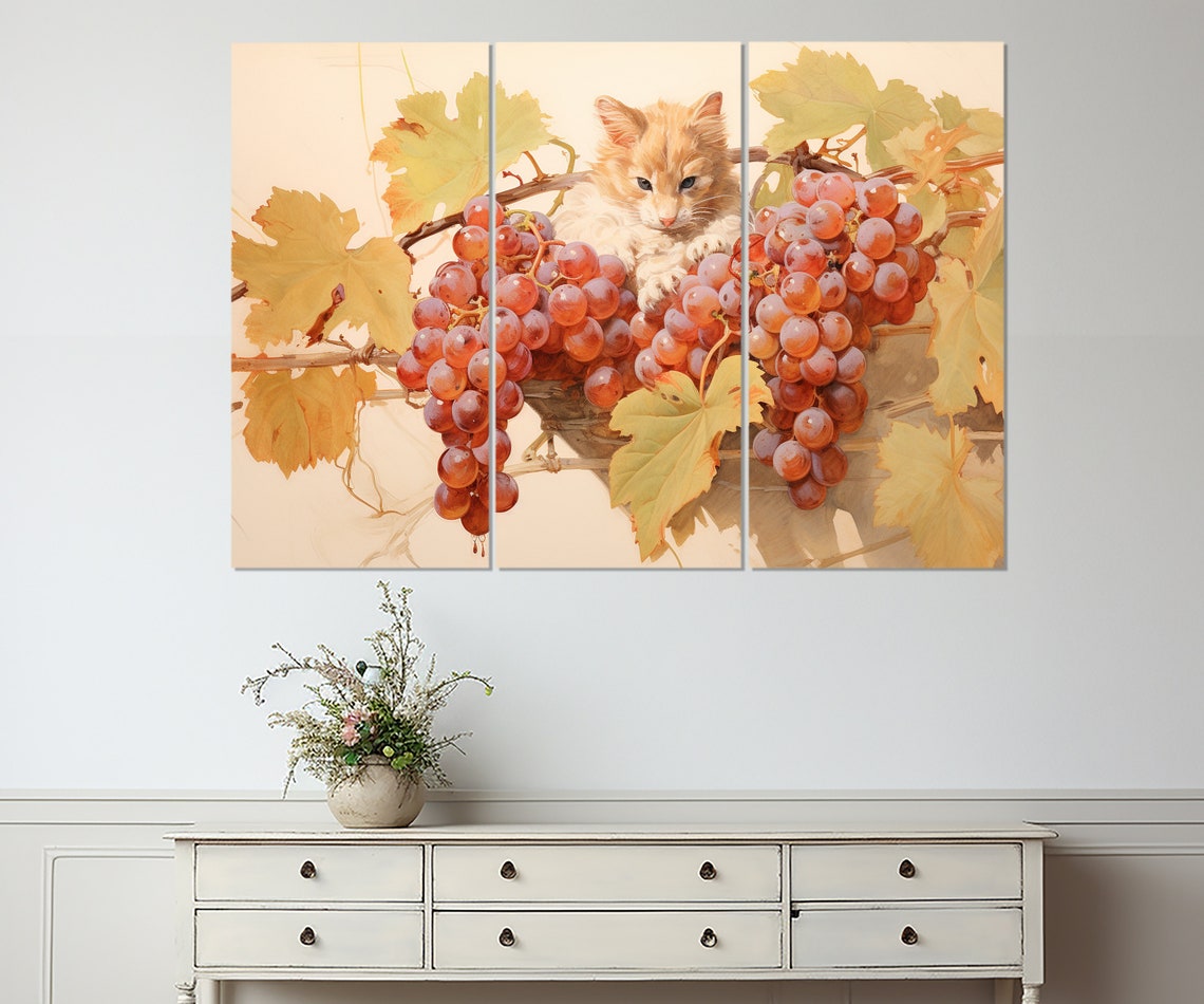 Ginger Kitten Among Red Grapes Vine Watercolor Kitchen Art Poster - Image 3