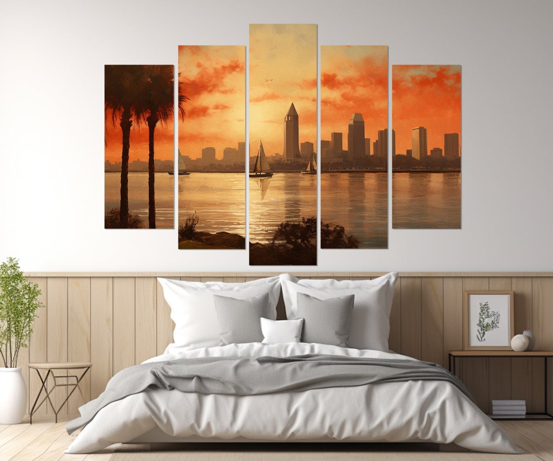 San Diego Skyline Sunset Palm Trees Sailboats Bay View Art Poster - Image 3