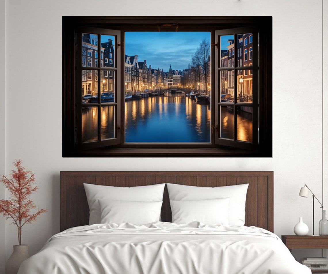 Amsterdam Canal Blue Hour Open Window Lit Houses Bridge View Poster - Image 3