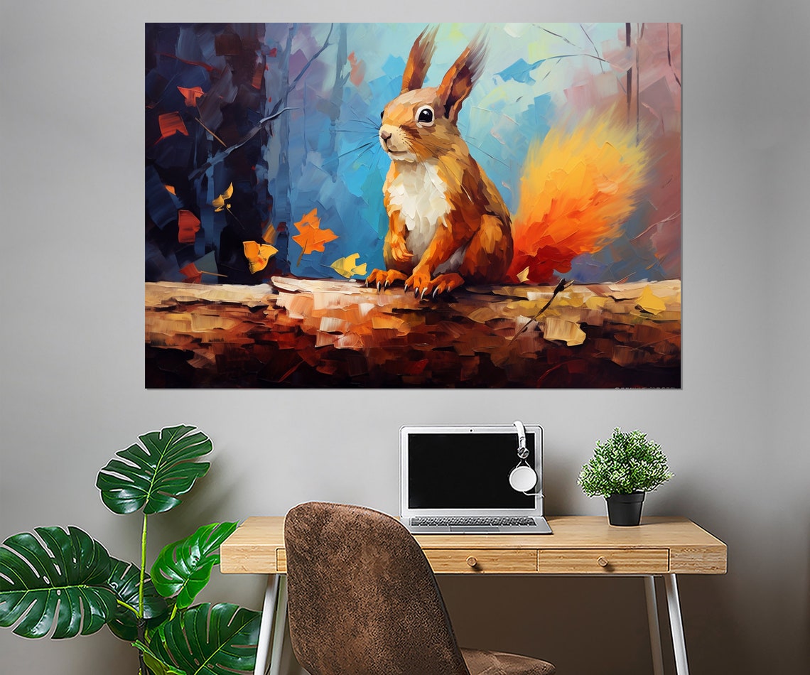 Red Squirrel Sitting On A Log In An Autumn Forest Impressionist Poster - Image 2