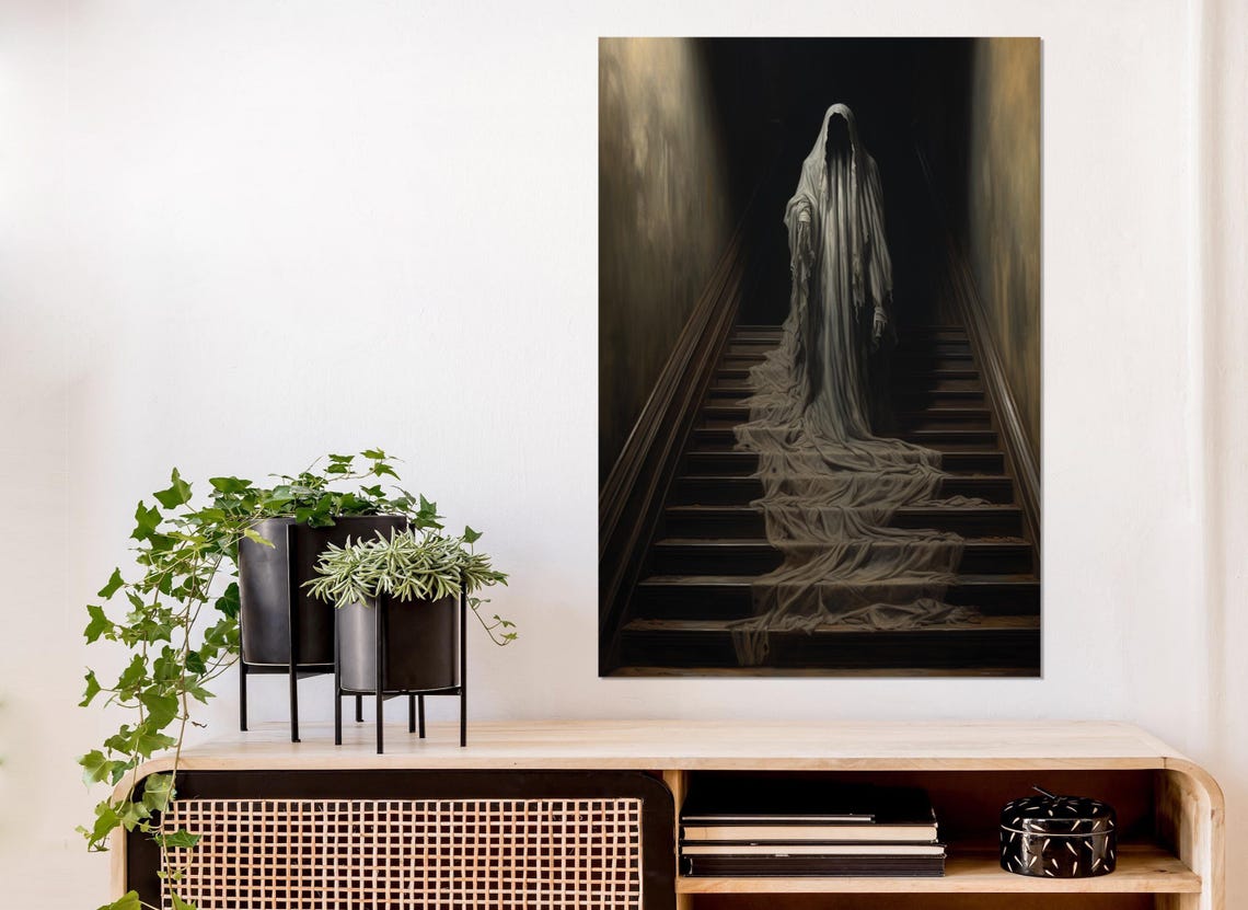 Hooded Ghost Standing On Dark Staircase Spooky Gothic Wall Art Poster - Image 2