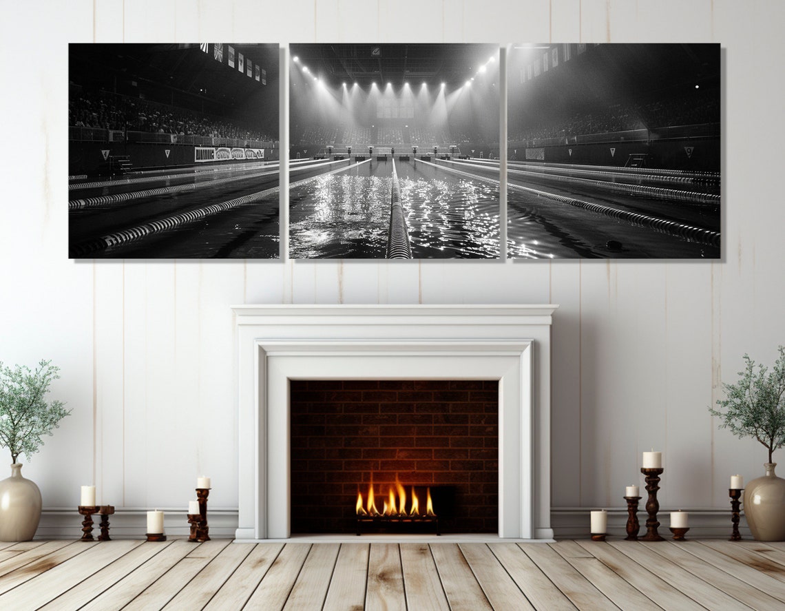 Black And White Olympic Swimming Pool Arena Night Lanes Sports Poster - Image 4