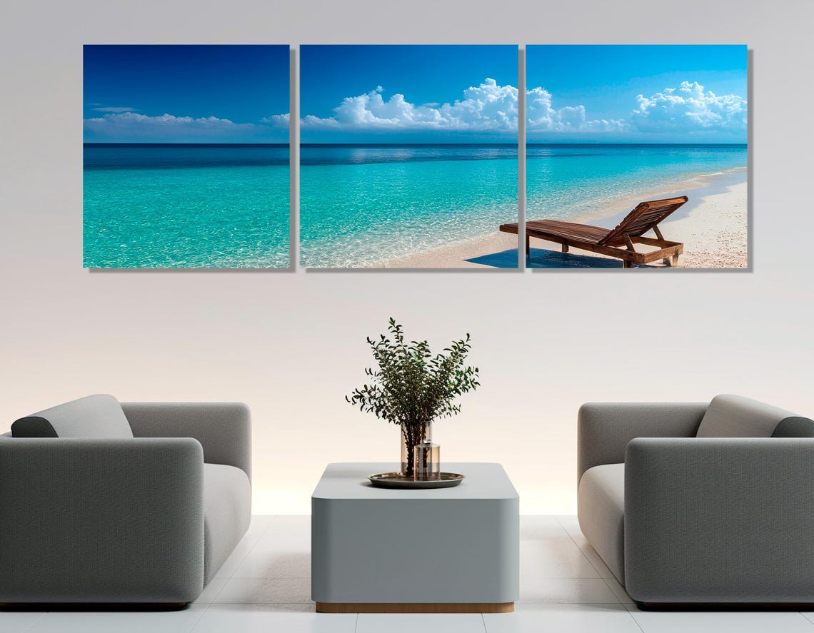 Maldives Tropical Beach Turquoise Water Wooden Lounger Panorama Poster - Image 2