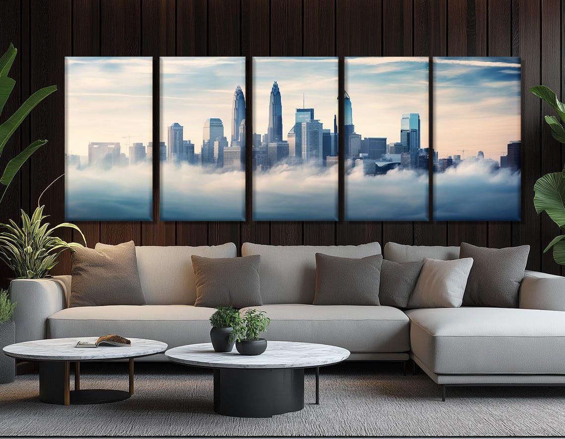 Misty Charlotte Morning Skyline Rising Above Low Fog Clouds Poster - Image 3