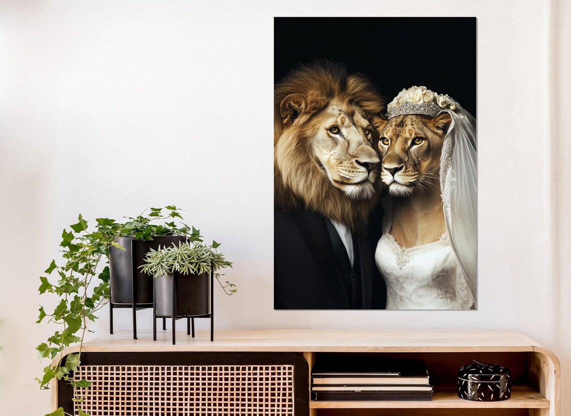 Lion Couple Wedding Portrait Tuxedo Bride Funny Animal Romance Poster - Image 3