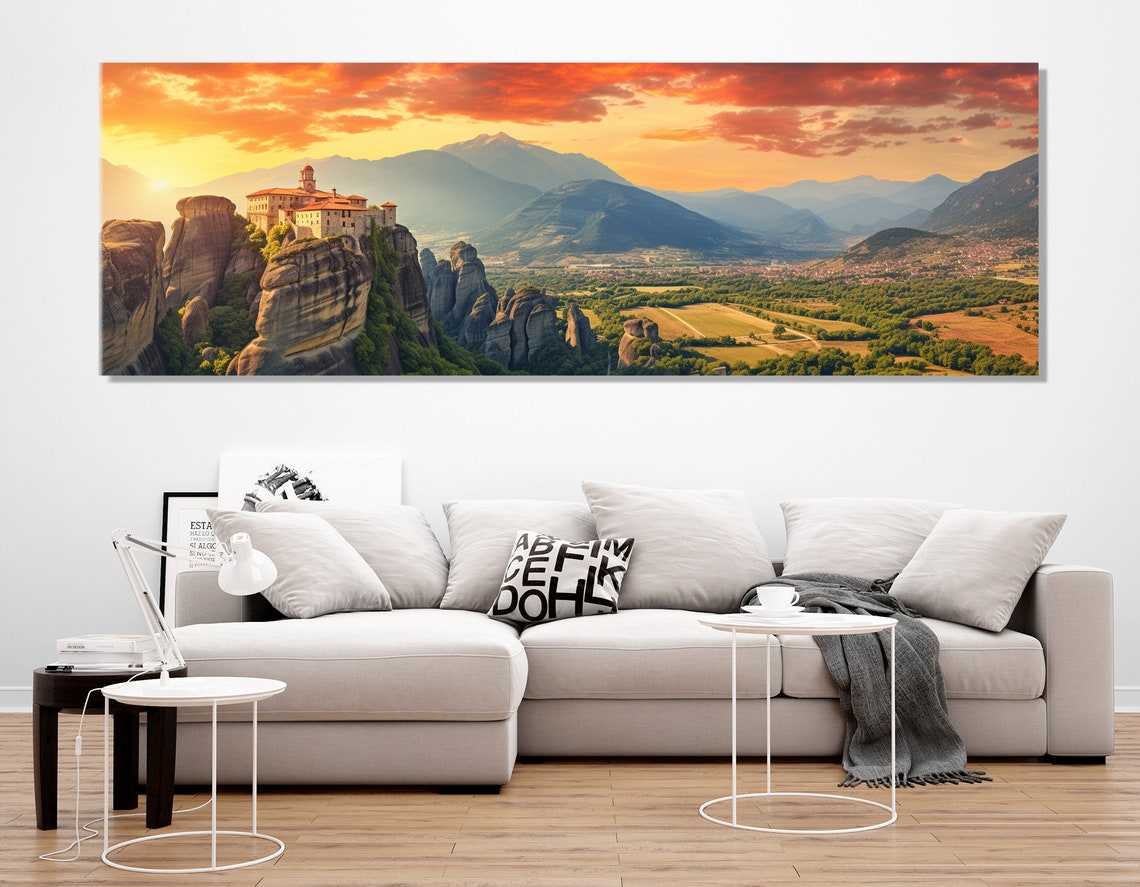 Meteora Monasteries Panoramic Print Meteora Mountain Painting Greece Wall Art Meteora Art Framed And Ready To Hang